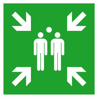 Grünes Schild mit weißen Figuren und Pfeilen, die auf einen zentralen Sammelpunkt für Notfälle hinweisen.