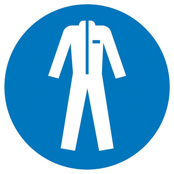 Ein blaues Warnschild mit weißer Grafik eines Overalls; bedeutet Schutzkleidung erforderlich.