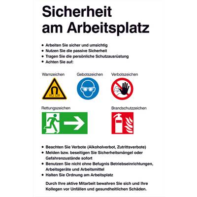 'Sicherheit am Arbeitsplatz' Anleitung mit Symbolen für Warn-, Gebots-, Verbots- und Rettungszeichen. Hinweise zu Schutzmaßnahmen und Verhalten.