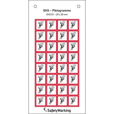 'GHS-Piktogramme: Explodierende Bombe, GHS 01, 20 x 20 mm. Serie von 25 Symbolen auf weißem Hintergrund mit rotem Rand.'