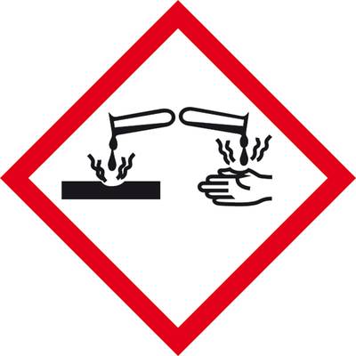 Symbol eines gefährlichen Stoffes: Flüssigkeit, die Oberfläche und Hand ätzt.