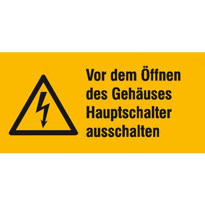 'Gefahrensymbol mit Blitz. Text: Vor dem Öffnen des Gehäuses Hauptschalter ausschalten.'