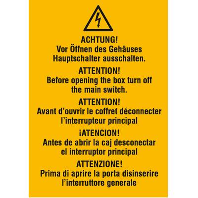 'Achtung! Vor Öffnen des Gehäuses Hauptschalter ausschalten.' Warnschild mit mehrsprachiger Sicherheitsanweisung.