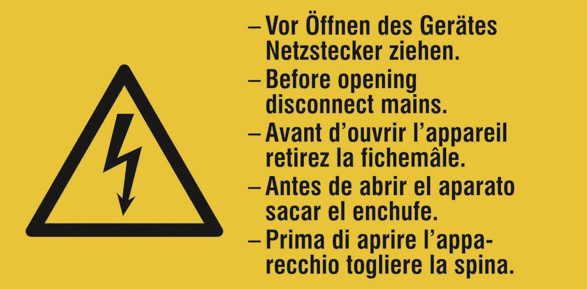 'Schild mit Blitzsymbol: Vor Öffnen des Gerätes Netzstecker ziehen. Warnung auf Deutsch, Englisch, Französisch, Spanisch, Italienisch.'
