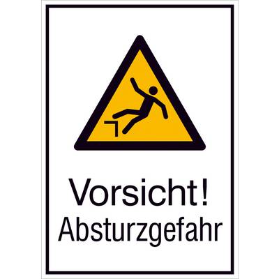 Warnschild mit gelbem Dreieck und schwarzer Silhouette eines fallenden Menschen über einer Kante. Text: 'Vorsicht! Absturzgefahr'.