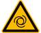 Warnschild in Form eines gelben Dreiecks mit schwarzem Rand, darauf ein sich drehendes Symbol; Hinweis auf rotierende Maschinenteile.