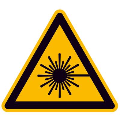 Warnschild: Symbol für Laserstrahlung. Dreieckiges, gelbes Schild mit schwarzem Rand und Lasersymbol in der Mitte.