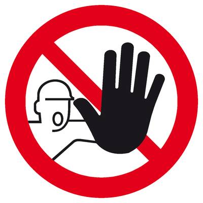 Stoppschild mit ikonischer Hand und Figur, die zum Anhalten auffordert. Symbolisiert 'Zutritt verboten' in einem roten Kreis.