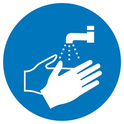 'Piktogramm zeigt Hände unter einem Wasserhahn, symbolisiert Händewaschen.'