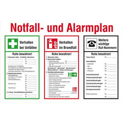 'Notfall- und Alarmplan' mit Anleitungen bei Unfällen, Brandfällen und wichtigen Rufnummern. Hauptaspekte: Ruhe bewahren, Ersthelfer informieren, Notrufnummern bereitstellen.