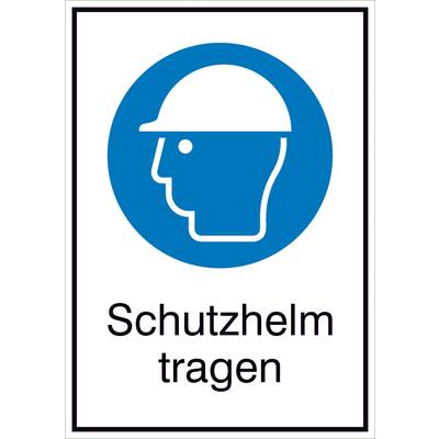 Blaues Sicherheitszeichen mit einem weißen Symbol eines Kopfes mit Schutzhelm und dem Text 'Schutzhelm tragen' darunter.