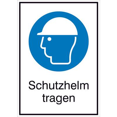 Zwei Figuren in blauer Kreis, die Schutzhelm tragen. Darunter Text: 'Schutzhelm tragen'. Zeichen für Sicherheitsvorschrift.