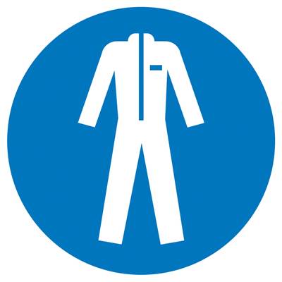 Ein weißer Schutzanzug-Symbol auf blauem Kreis. Zeigt, dass Schutzkleidung erforderlich ist.