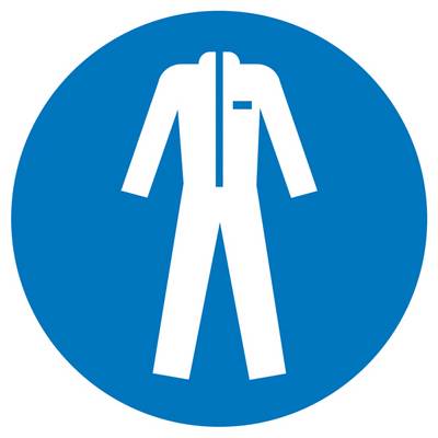 Piktogramm eines Schutzanzugs auf blauem Kreis, das auf die Pflicht zur Verwendung von Schutzkleidung hinweist.