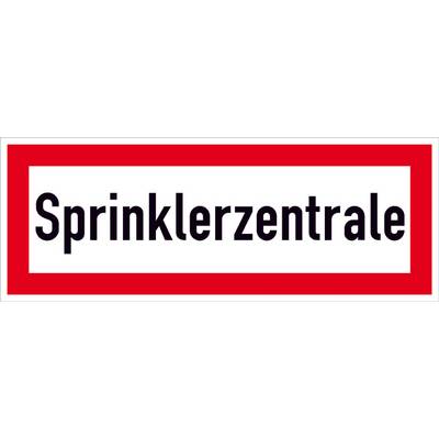 Das Bild zeigt ein rechteckiges Schild mit der Aufschrift 'Sprinklerzentrale' in schwarzem Text auf weißem Hintergrund, umrandet von einem roten Rahmen.