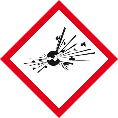 Ein schwarzes Symbol zeigt einen explodierenden Gegenstand auf weißem Hintergrund mit rotem Rahmen. Es kennzeichnet explosive Stoffe.