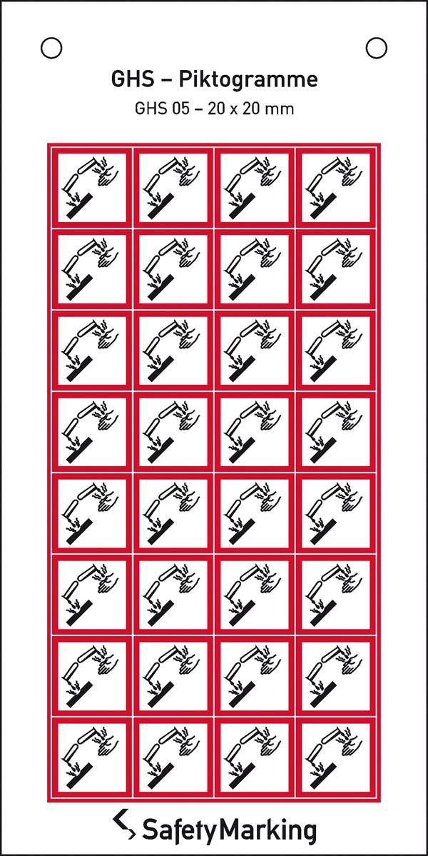 Gefahrsymbol auf Bogen, versch. Versionen, Bogen: 32 St., selbstkleb., 2,0x2,0cm Version: 05 - Symbol 05: Ätzwirkung