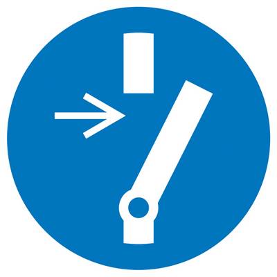 Symbol für Handquetschgefahr: Ein Pfeil auf eine Hand zeigend, die zwischen zwei rechteckigen Objekten eingeklemmt wird.