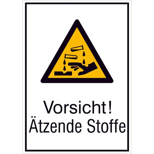 Warn-Kombischild,Alu,Vorsicht! Ätzende Stoffe,26,2 x 37,1 cm DIN EN ISO 7010 W023 + Zusatztext ASR A1.3 W023 +