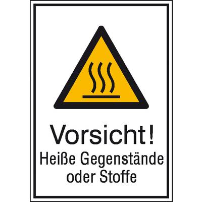 'Dreieckiges Warnschild mit gelbem Hintergrund und drei aufsteigenden Wellen. Text: Vorsicht! Heiße Gegenstände oder Stoffe.'
