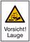 Warnschild zeigt ein Symbol für ätzende Flüssigkeit und Text 'Vorsicht! Lauge' in schwarzer Schrift auf weißem Hintergrund.