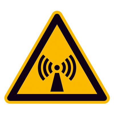 Warnschild im Dreieck, gelber Hintergrund, Symbol für elektromagnetische Strahlung in der Mitte.