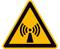 Warnschild im Dreieck, gelber Hintergrund, Symbol für elektromagnetische Strahlung in der Mitte.
