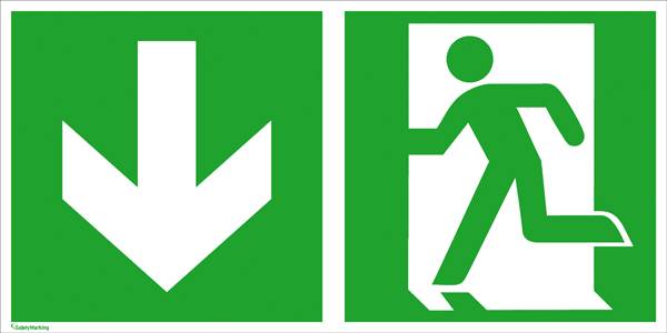 Fluchtwegschild Aluminium Notausgang links, Richtungsangabe abwärts SafetyMarking 15.0084 (B x H) 300 mm x 150 mm ISO 7010 1 St.