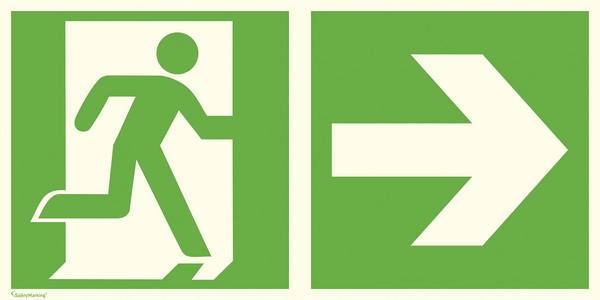 Fluchtwegschild Alu B300xH150 mm Notausgang rechts mit Pfeil rechts langnachleuchtend