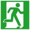 Grünes Notausgangssymbol mit einer stilisierten Figur, die nach rechts läuft, um schnellen Ausstieg bei Notfällen zu kennzeichnen.
