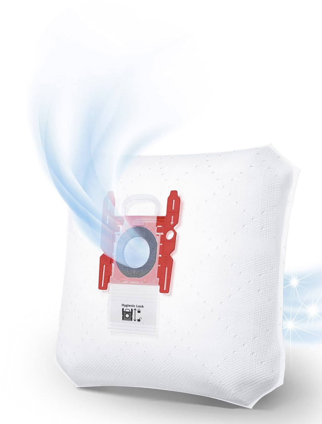 Ein Staubsaugerbeutel mit roter Halterung und Luftstrom, erkennbar durch blaue Pfeile, symbolisiert die Filterfunktion.