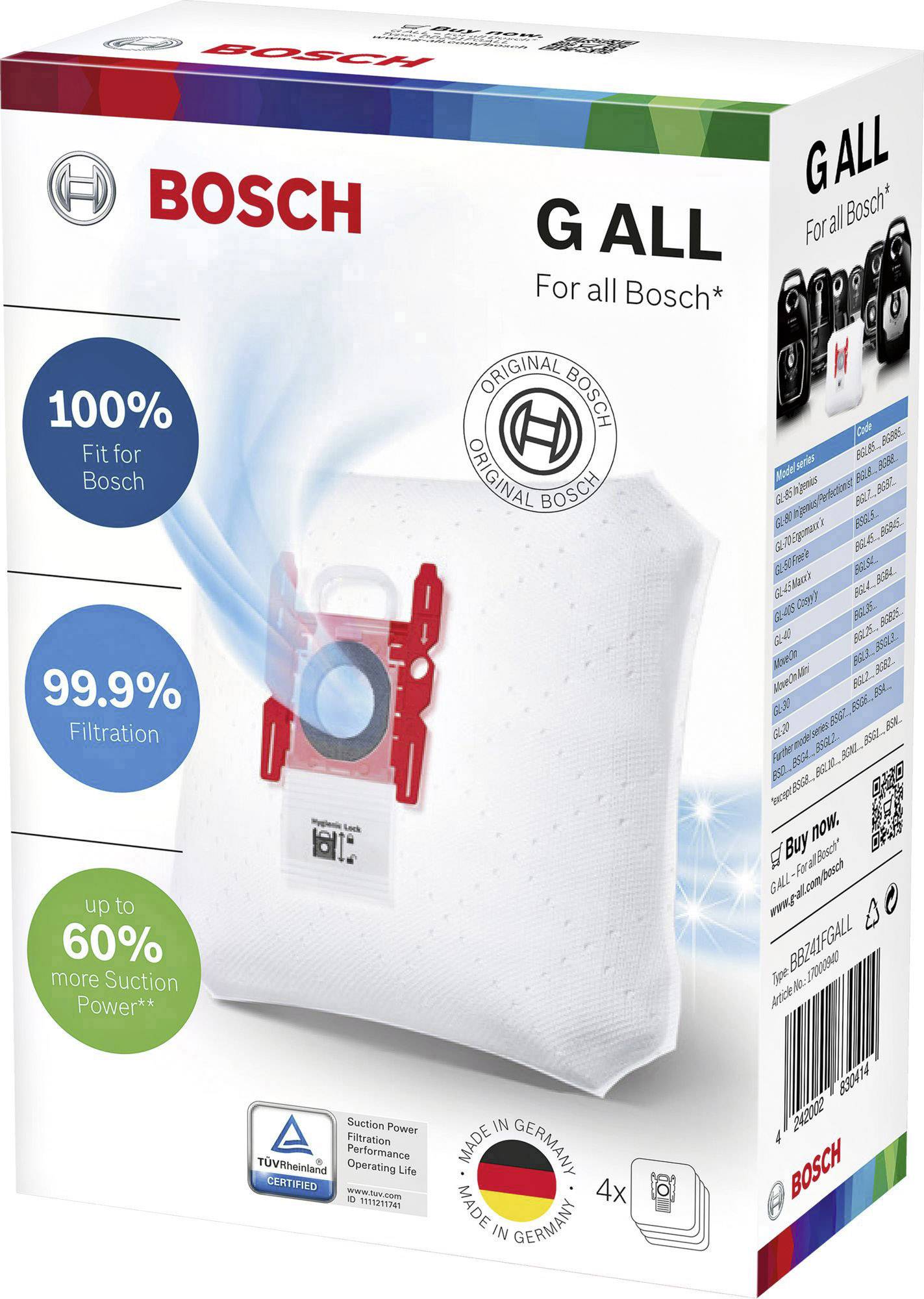 Staubsaugerbeutel von Bosch, passend für alle Modelle. Verpackung zeigt Produktinfos: '100% passend', '99,9% Filtration'. Enthält 4 Beutel.