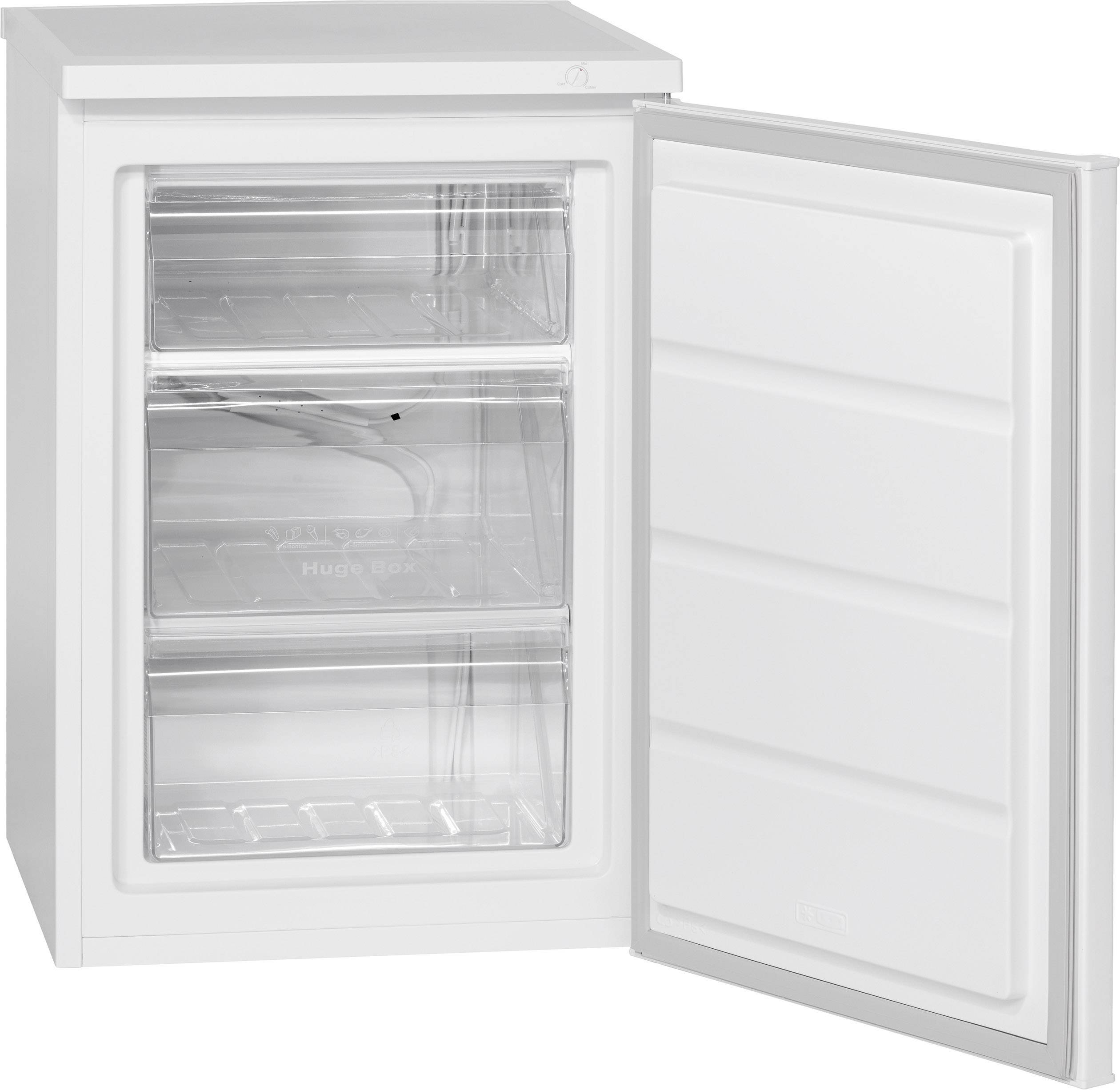 Ein kleiner, geöffneter, weißer Gefrierschrank mit drei transparenten Schubladen. Der Innenraum ist leer.