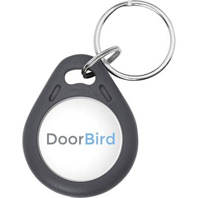 Ein Schlüsselanhänger mit einem runden weißen Zentrum, auf dem 'DoorBird' in blauer und grauer Schrift steht.