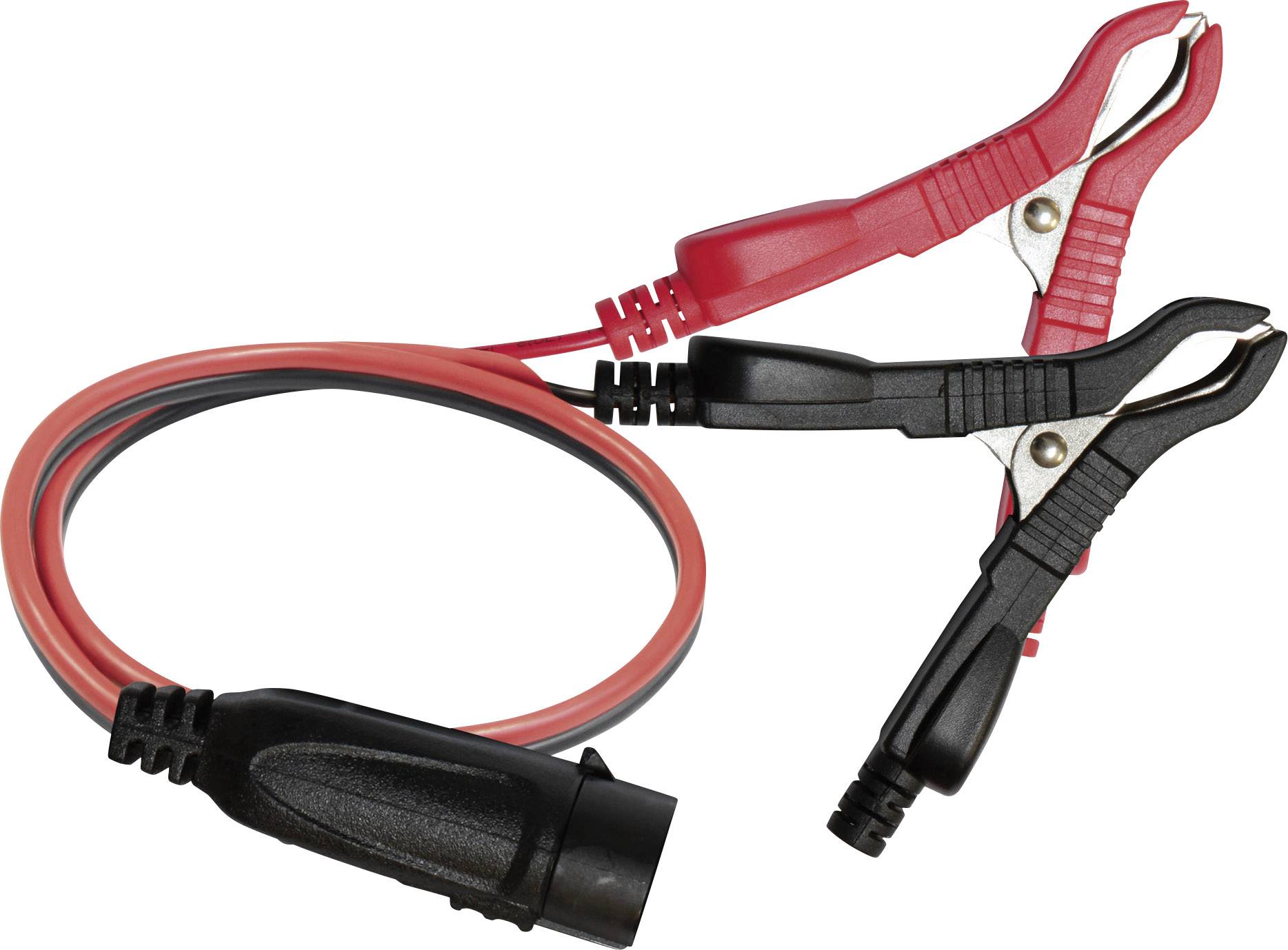 Rotes und schwarzes Überbrückungskabel mit Klemmen für Autobatterien.