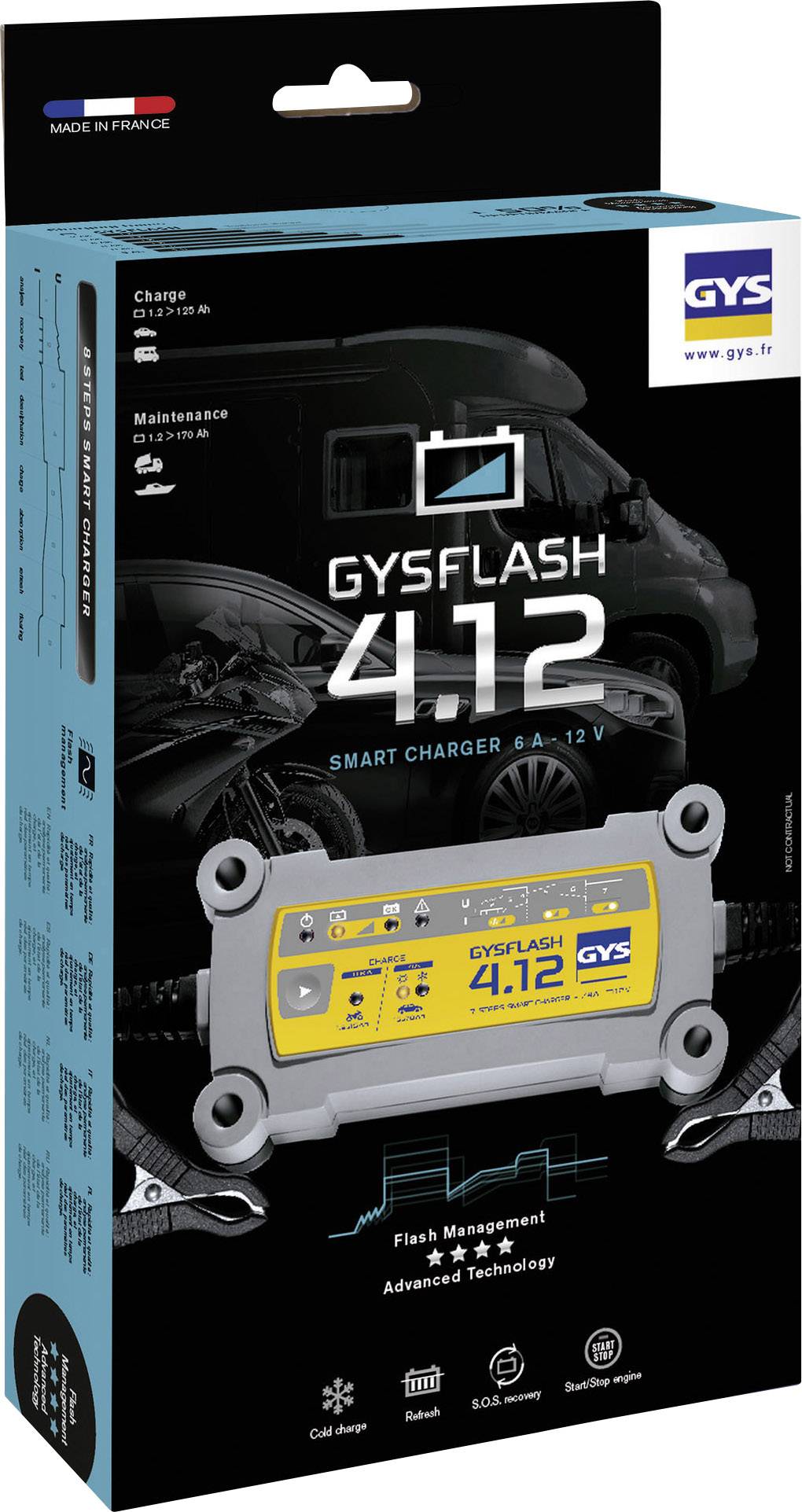 Batterieladegerät-Verpackung mit der Aufschrift 'GYSFLASH 4.12 Smart Charger' für 6V/12V. Abgebildet ist ein Auto im Hintergrund.