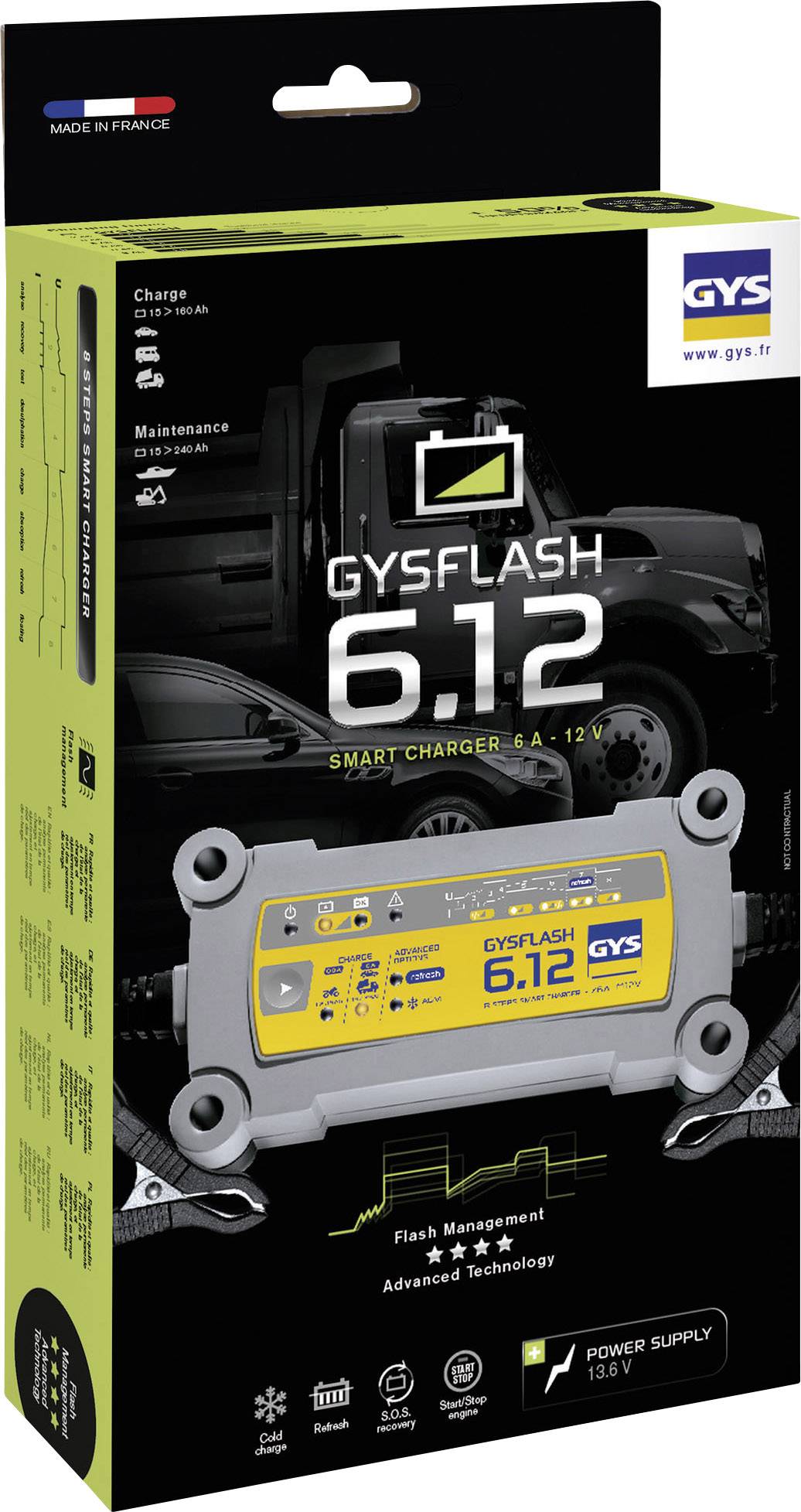 Verpackung eines GYSFLASH 6.12 Smart Ladegeräts, geeignet für Auto- und LKW-Batterien. Enthält Bild des Ladegeräts und einer Fahrzeuggrafik.