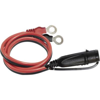Ein rotes Batterieanschlusskabel mit angeschlossenen Klemmen und einem Steckverbinder am anderen Ende.