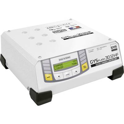Das Bild zeigt ein GYSFlash 30.12 HF Batterie-Ladegerät, mit digitalem Display. Es zeigt Ladestatus: 'Laden 12V' und 'Liquid 70%'.