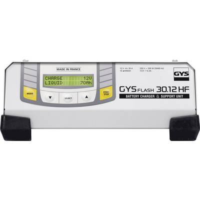 'GYS Flash 30.12 HF Ladegerät', zeigt Ladezustand: 'Charge 12V', 'Liquid 70Ah'. Oben 'Made in France', links Modus- und Startknopf.