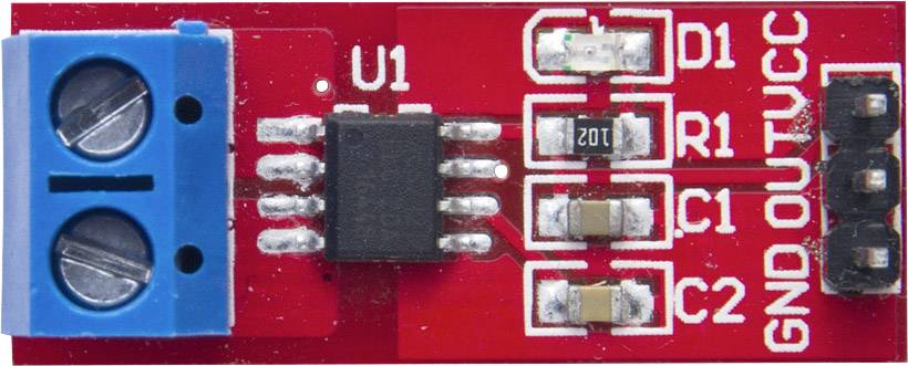 'Rotes Stromsensormodul mit blauen Anschlussklemmen links und einem schwarzen Chip in der Mitte, bezeichnet als U1, GND, OUT, VCC.'