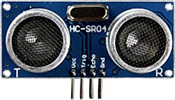 Ultraschallsensor-Modul mit zwei runden schwarzen Sender- und Empfängereinheiten, Modell 'HC-SR04', auf einer blauen Platine.