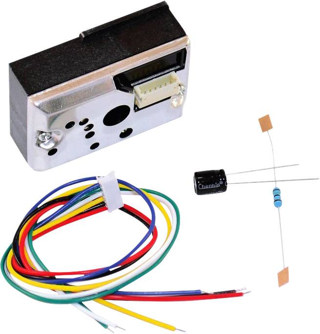 Elektronische Bauteile: Sensor, Kabelbündel, Widerstand und Kondensator. Geeignet für DIY-Elektronikprojekte.