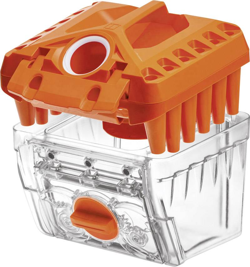 Ein orange-schwarzes Kunststoffgehäuse mit Öffnungen in einem transparenten Behälter, wahrscheinlich ein Bauteil oder Zubehör für Maschinen.