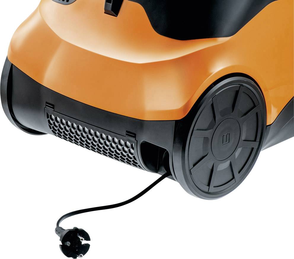 Ein orangefarbener Staubsauger auf Rädern mit einem Kabel, das aus der Rückseite herausragt.