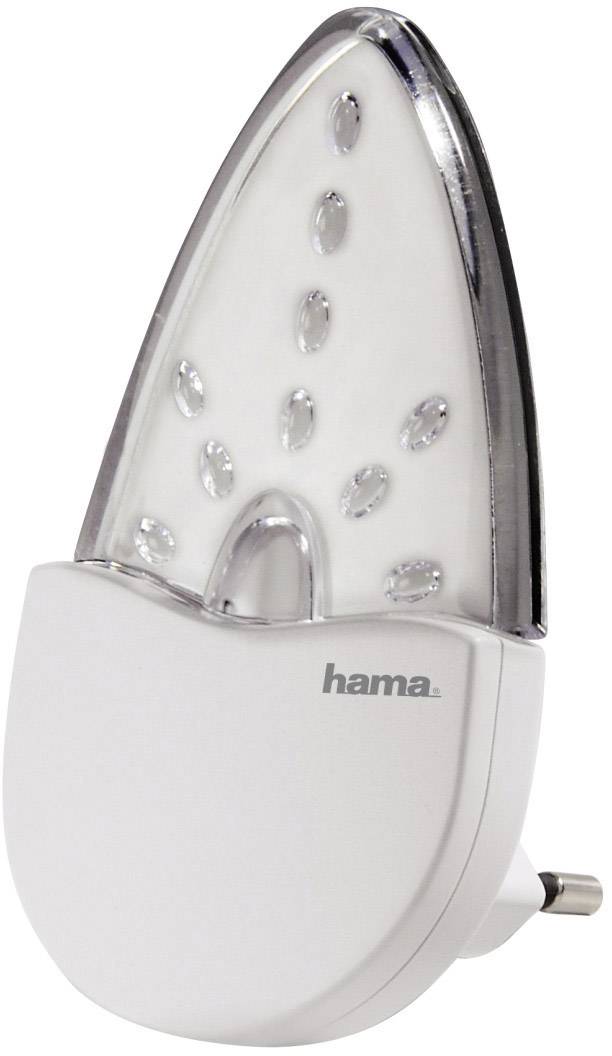 Ein weißes Nachtlicht von Hama mit tropfenförmigem Leuchtkörper, das in eine Steckdose eingesteckt werden kann.