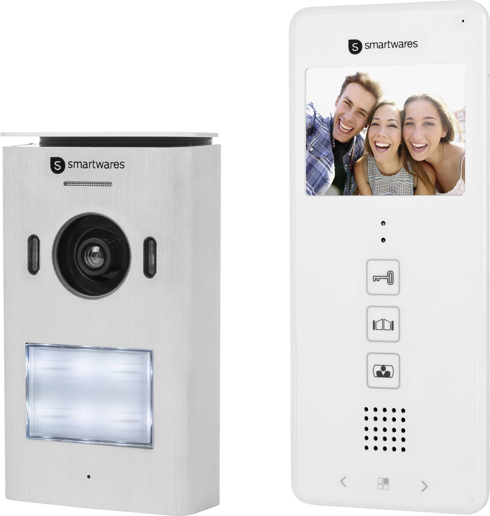 Türklingel mit Kamera und Monitor. Links eine Kamera mit LED-Licht, rechts ein Monitor mit Bild von drei lachenden Personen.