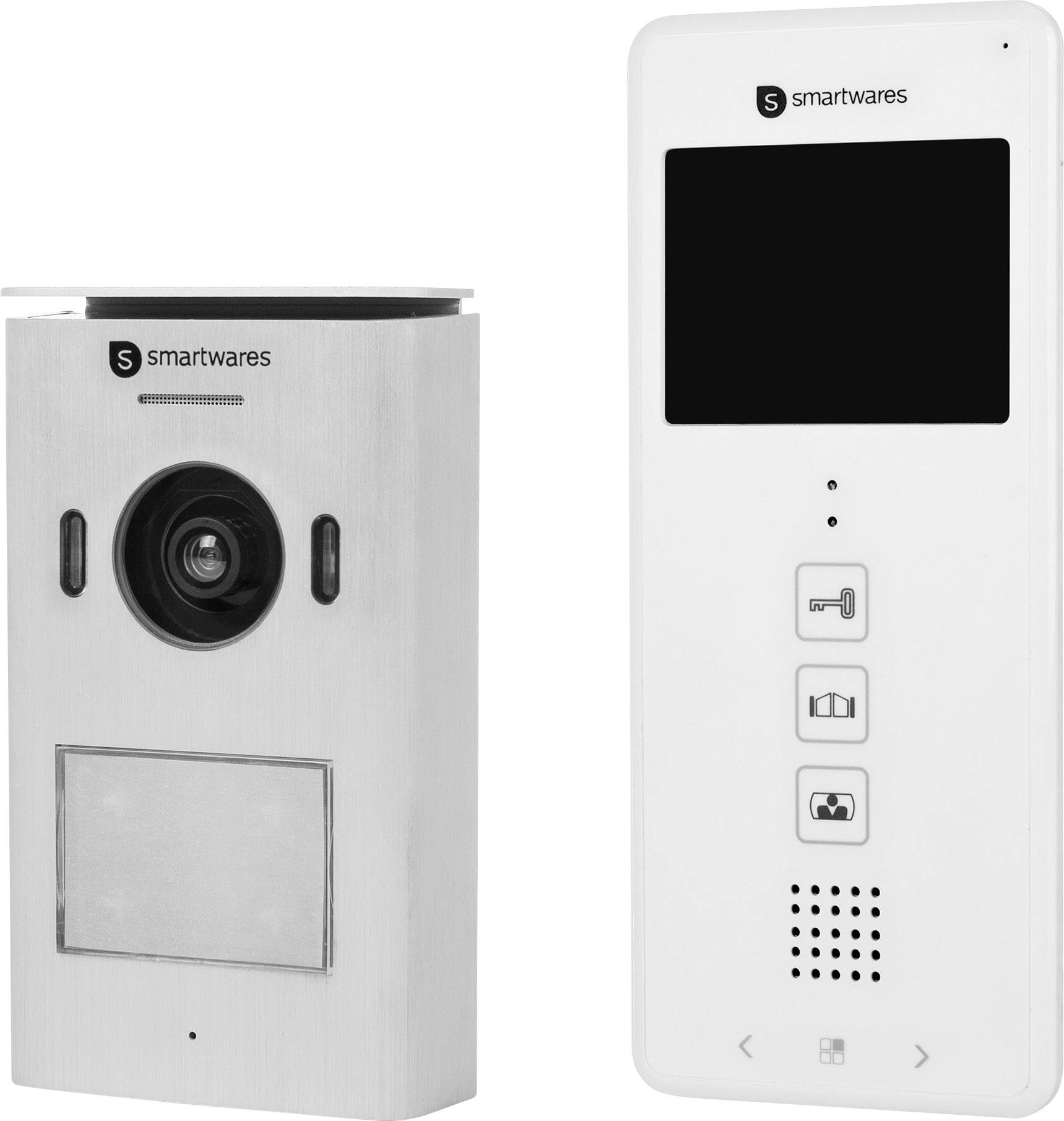 'Smartwares' Türklingel-Sprechanlage bestehend aus einer Kameraeinheit links und einem Display mit Bedientasten rechts.