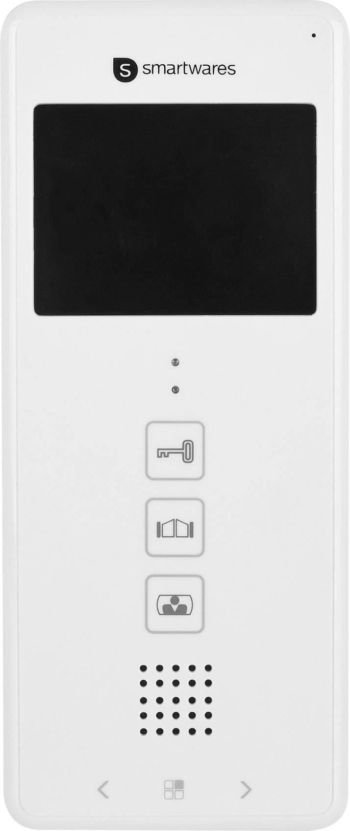 Weiße Video-Türsprechanlage von Smartwares mit Bildschirm und drei Funktionstasten, darunter Symbole für Schlüssel und Kamera.