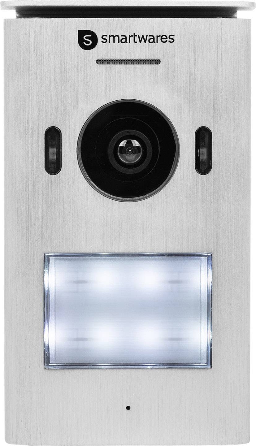 Metallische Türklingel mit Kamera und beleuchtetem Display. Oberhalb des Displays befindet sich das Kameraobjektiv.